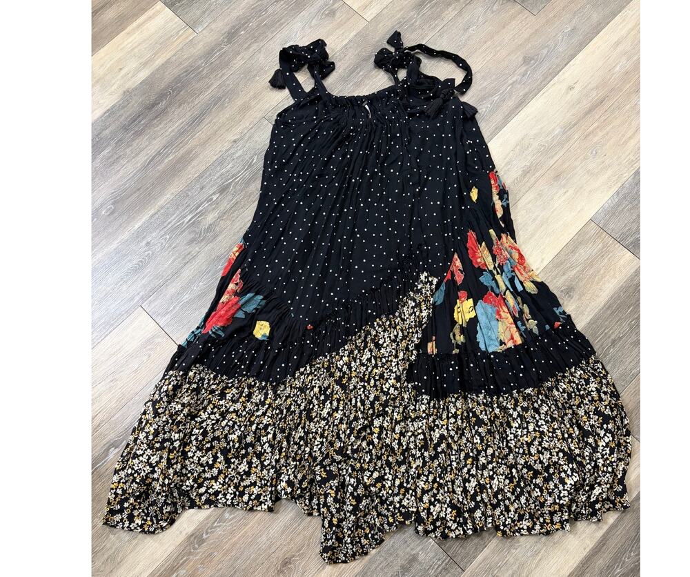 Free People Bare It All Maxi Dress Black Floral Tassel Tie Back Small